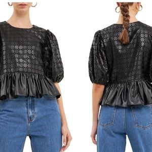 NWT! ENGLISH FACTORY Puff Sleeve Eyelet Faux Leather Top